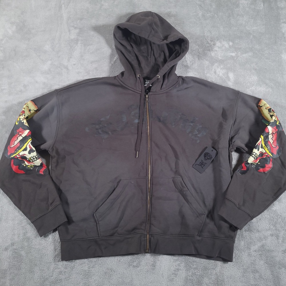 Ed Hardy Hoodie Mens XL Sunfade Grey Full Zip Skull Graphic Tonal Logo Y2K NWT
